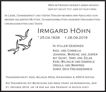 Traueranzeige von Irmgard Höhn von vrm-trauer