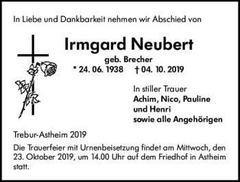 Traueranzeige von Irmgard Neubert von vrm-trauer