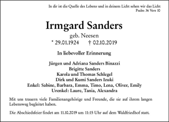 Traueranzeige von Irmgard Sanders von vrm-trauer