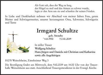 Traueranzeige von Irmgard Schultze von vrm-trauer