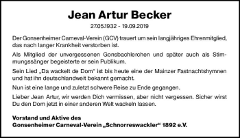 Traueranzeige von Jean Artur Becker von vrm-trauer