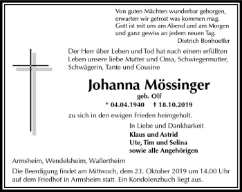 Traueranzeige von Johanna Mössinger von vrm-trauer