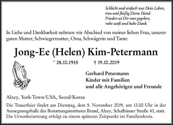 Traueranzeige von Jong-Ee (Helen) Kim-Petermann von vrm-trauer