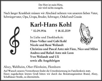 Traueranzeige von Karl-Hans Kohl von vrm-trauer