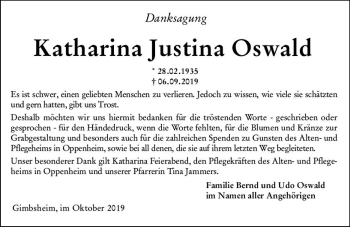 Traueranzeige von Katharina Justina Oswald von vrm-trauer