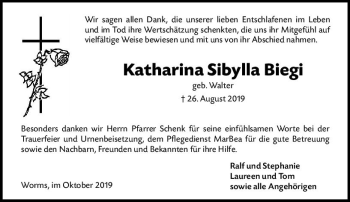 Traueranzeige von Katharina Sibylla Biegi von vrm-trauer