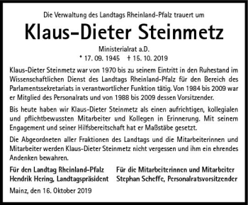 Traueranzeige von Klaus-Dieter Steinmetz von vrm-trauer