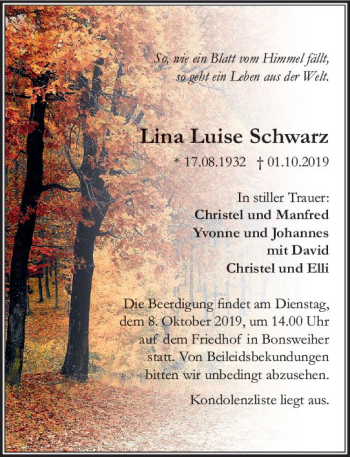 Traueranzeige von Lina Luise Schwarz von vrm-trauer