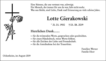 Traueranzeige von Lotte Gierakowski von vrm-trauer