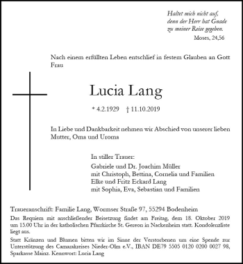 Traueranzeige von Lucia Lang von vrm-trauer