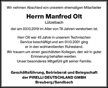 Traueranzeige von Manfred Olt von vrm-trauer