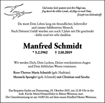 Traueranzeige von Manfred Schmidt von vrm-trauer