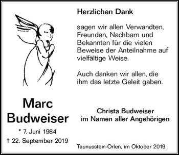 Traueranzeige von Marc Budweiser von vrm-trauer