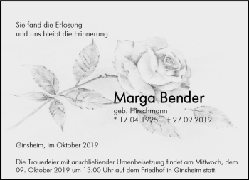 Traueranzeige von Marga Bender von vrm-trauer