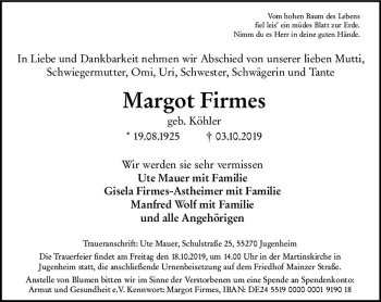 Traueranzeige von Margot Firmes von vrm-trauer