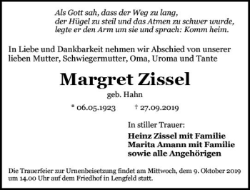 Traueranzeige von Margret Zissel von vrm-trauer