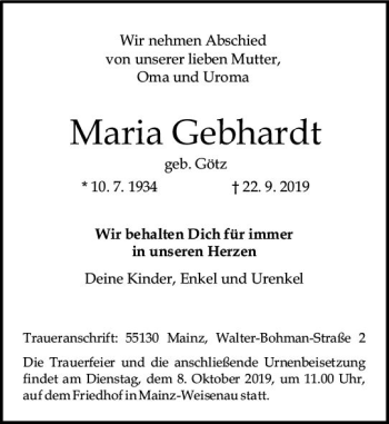 Traueranzeige von Maria Gebhardt von vrm-trauer