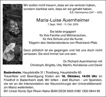 Traueranzeige von Maria-Luise Auernheimer von vrm-trauer
