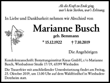 Traueranzeige von Marianne Busch von vrm-trauer