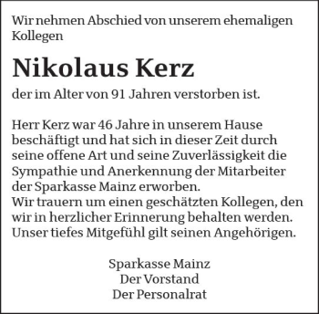 Traueranzeige von Nikolaus Kerz von vrm-trauer