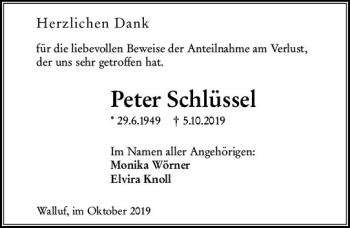 Traueranzeige von Peter Schlüssel von vrm-trauer