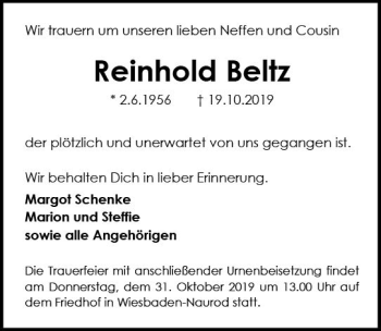 Traueranzeige von Reinhold Beltz von vrm-trauer