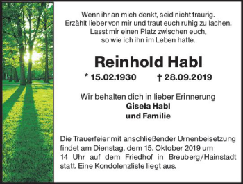 Traueranzeige von Reinhold Habl von vrm-trauer