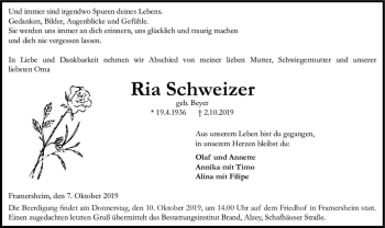 Traueranzeige von Ria Schweizer von vrm-trauer