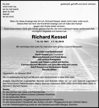 Traueranzeige von Richard Kessel von vrm-trauer