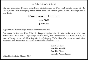 Traueranzeige von Rosemarie Decher von vrm-trauer