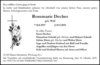 Traueranzeige von Rosemarie Decher von vrm-trauer
