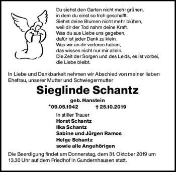 Traueranzeige von Sieglinde Schantz von vrm-trauer