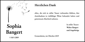 Traueranzeige von Sophia Bangert von vrm-trauer