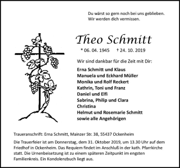Traueranzeige von Theo Schmitt von vrm-trauer