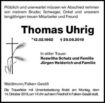 Traueranzeige von Thomas Uhrig von vrm-trauer
