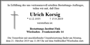 Traueranzeige von Ulrich Korsig von vrm-trauer