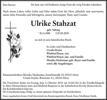 Traueranzeige von Ulrike Stahzat von vrm-trauer