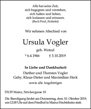Traueranzeige von Ursula Vogler von vrm-trauer