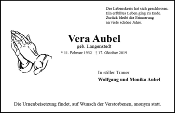Traueranzeige von Vera Aubel von vrm-trauer