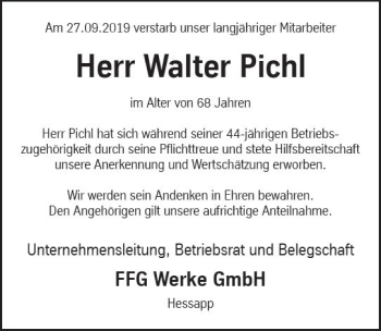 Traueranzeige von Walter Pichl von vrm-trauer