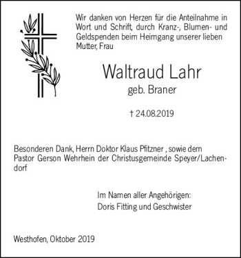 Traueranzeige von Waltraud Lahr von vrm-trauer