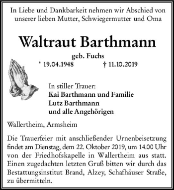 Traueranzeige von Waltraut Barthmann von vrm-trauer