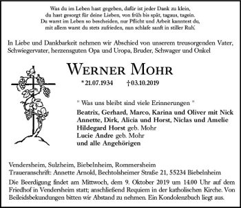 Traueranzeige von Werner Mohr von vrm-trauer