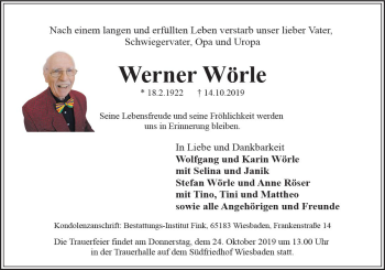 Traueranzeige von Werner Wörle von vrm-trauer