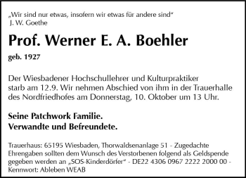 Traueranzeige von Werner E. A. Boehler von vrm-trauer