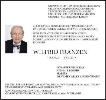 Traueranzeige von Wilfried Franzen von vrm-trauer