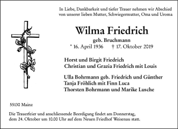 Traueranzeige von Wilma Friedrich von vrm-trauer