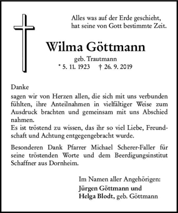 Traueranzeige von Wilma Göttmann von vrm-trauer