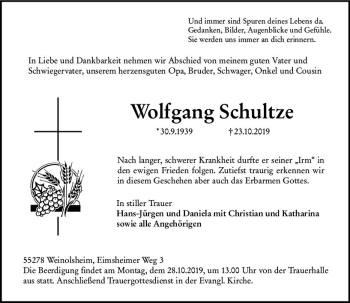 Traueranzeige von Wolfgang Schultze von vrm-trauer