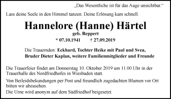 Traueranzeige von Hannelore Härtel von VRM Tageszeitungen